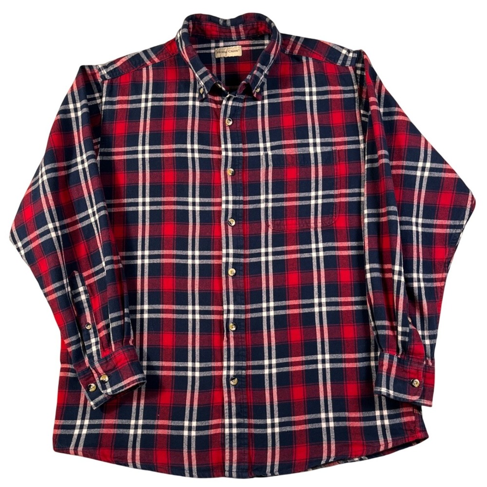 Hobbs Creek Red Navy Plaid Flannel Shirt Men's Large 100% Cotton Button Up‎